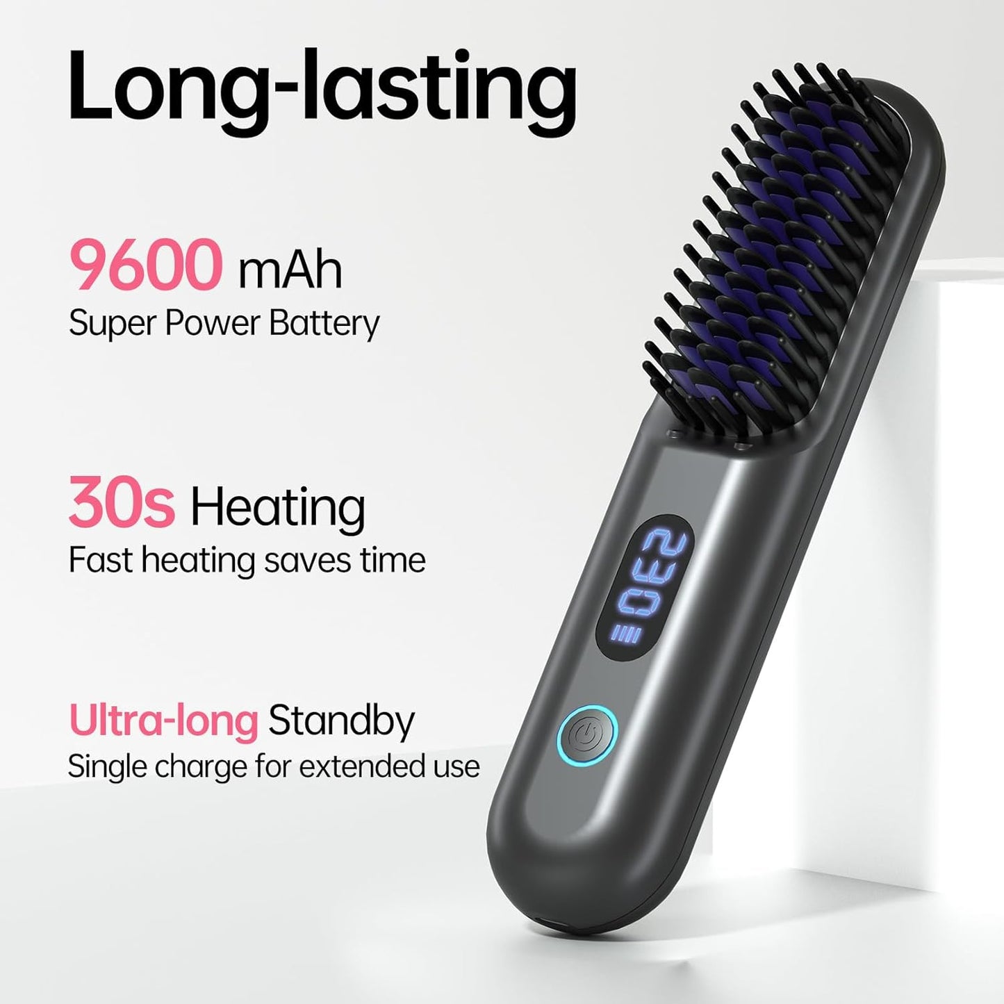 Skiennix Cordless Hair Straightener Brush - Portable 9600mAh Comb with Plasma Tech & 9 Temp Settings | LED Display (Grey)