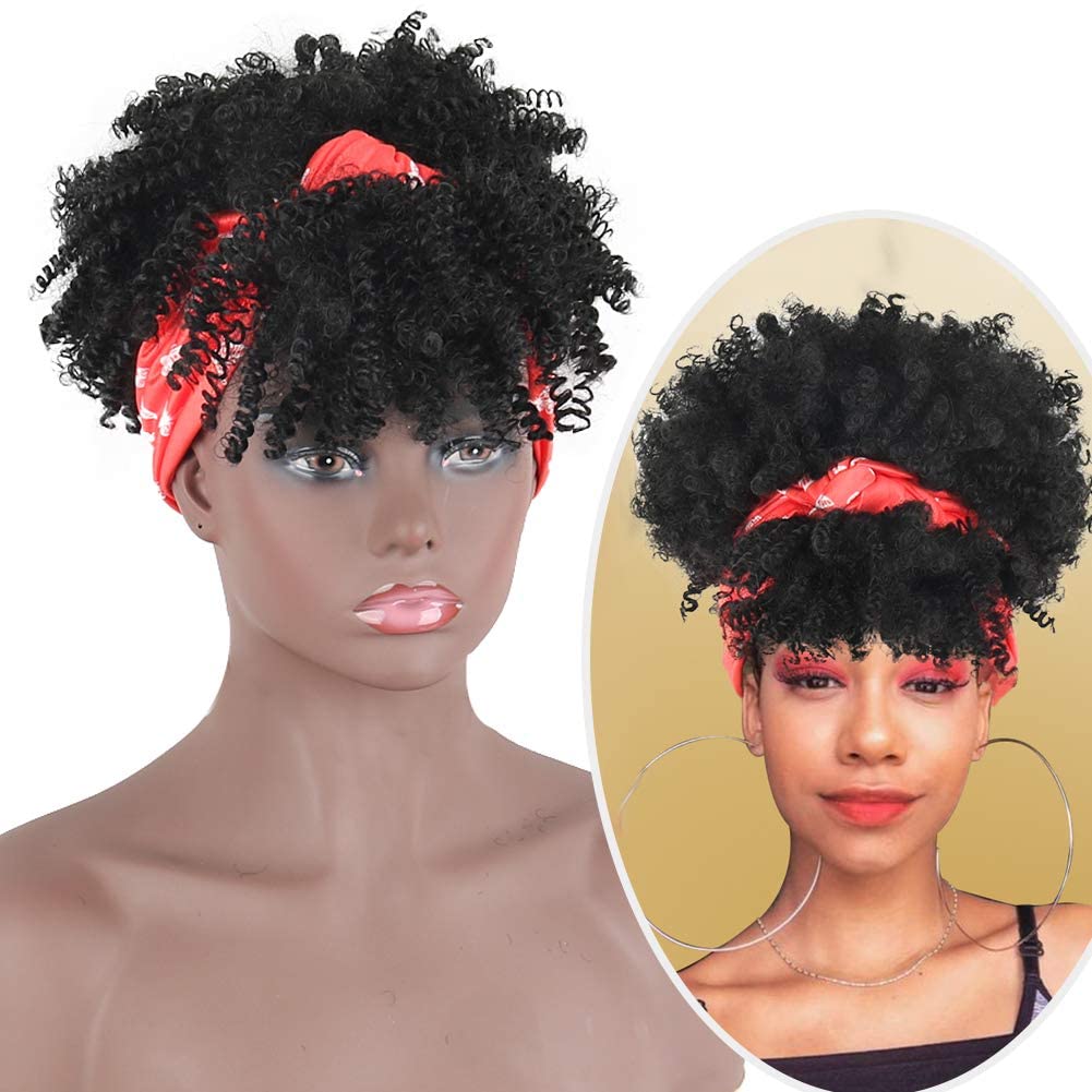 LEOSA Head-Wrap Wigs 2 in 1 Head Ponytail Wrap Short Silver Turban Wrap-Wig Updo Kinky Curly Afro Puff with Bangs Drawstring Ponytail Extension for Black Women