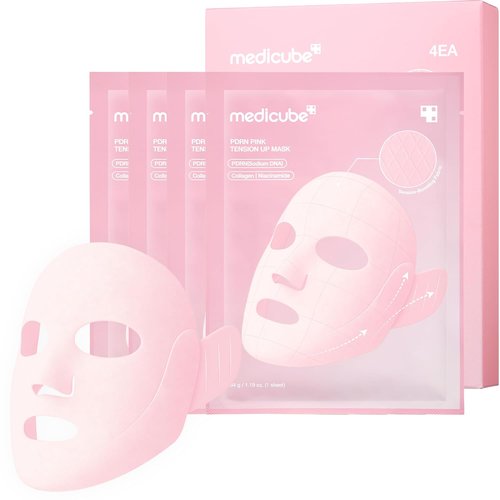 Medicube PDRN Pink Tension Up Mask - 3-Step V-Line Mask for Contoured Chin & Jawline | Full-Face Firming with Salmon PDRN, NAD & Caffeine | Korean Skincare, 34g x 4ea + Tightening Band