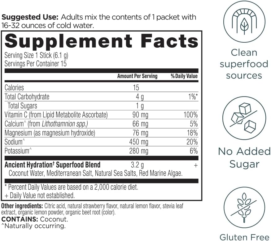 Ancient Nutrition Rapid Hydration Powder - Strawberry Lemonade Flavor | Natural Electrolytes for Optimal Body Hydration - 15 Servings