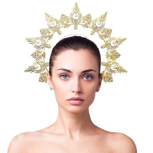 Bubbmi Women Sun Goddess Hair Band Mary Halo Crown Sunburst Headband Costume Party Cosplay Wedding Photoshoot Festival Headpiece