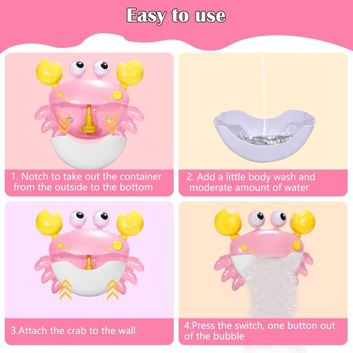Crab Baby Bath Toys, Crab Bubble Bath Machine, Automatic Bath Toy Blows Bubbles & Plays Children’s Songs, Bathtub Bubble Maker - Kids Birthday Gift for 1 2 3 Year Old Boy Girl Pink