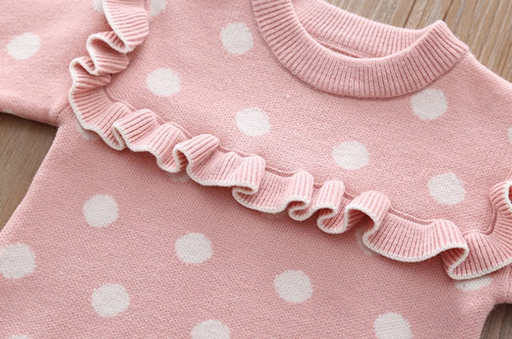 Girls Autumn Winter Fall Clothes Knit Long Sleeve Ruffle Sweater Top+Pleated Mini Tutu Skirt 2pcs Outfit for Kids Princess Casual Playwear Homewear Clothing Set Pink-Polka Dots 18-24 Months