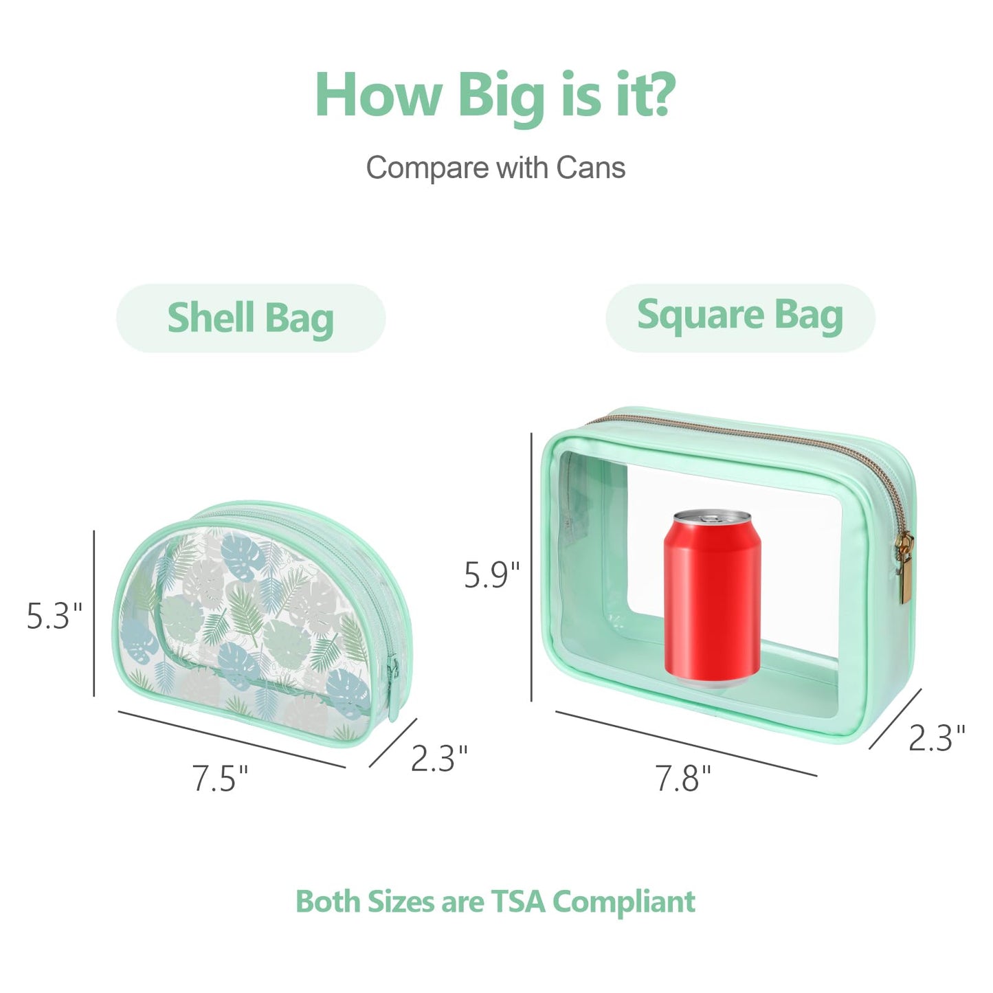 PACKISM TSA Approved Toiletry Bag - Light Green Turtle Leaves Print Clear Shell Bag and Upgrade Color-Edged Clear Toiletry Bags, Perfect for On the Go or Travel, Lightweight and Robust, 2 Pack