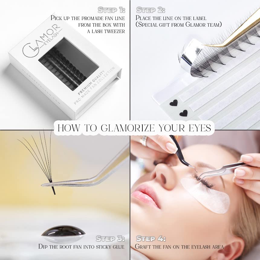 GLAMOREYELASH 1000 Ultra Speed Narrow Promade Fans | Natural Eyelash Extension 3D~16D | Handmade Individual Lashes Extension with 0.03/0.05/0.07mm Thickness of Mink Lashes | C CC D Curl for Cat Eye Lashes | 8 - 17mm Length for Fluffy Eyelash Cluster(6D-0.