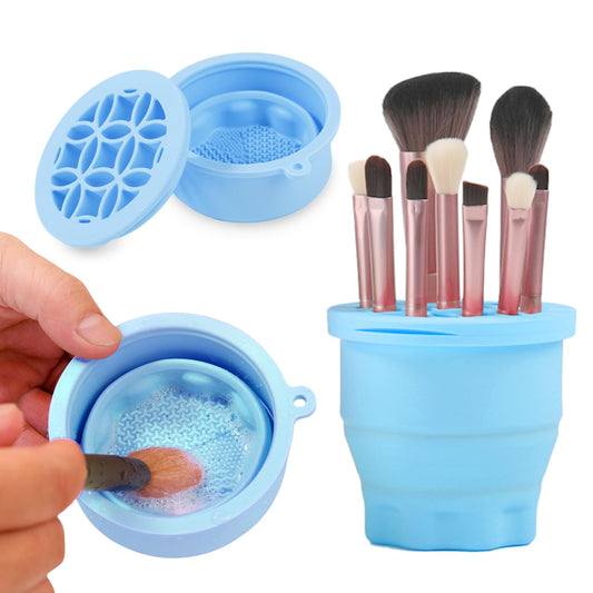 Ranphykx Makeup Brushes Cleaner Mat with Brush Storage Holder, Folding Portable Washing Tool for Makeup Brush Cleaning, 2 In 1 Silicone Brush Cleaner Pad & Cosmetic Brush Organizer Rack (Blue)