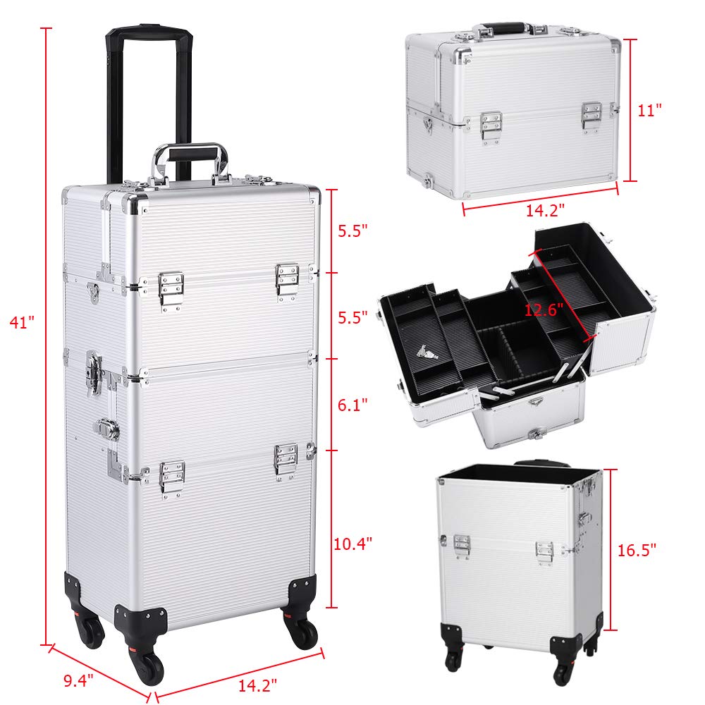 mefeir 3 in 1 Rolling Makeup Train Case, Large Cosmetic Trolley with 360° Rotation Wheels & 2 Drawers, Professional for Makeup & Tattoo Artist & Hairstylist