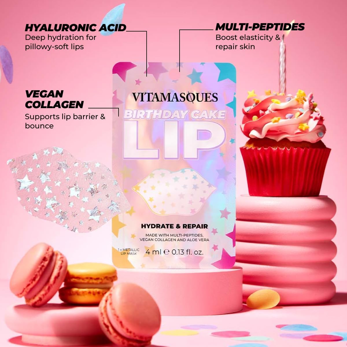 Vitamasques Lip Mask - Birthday Cake Collagen Sheets for Dry & Chapped Lips | Nourishing & Hydrating, 3-Pack