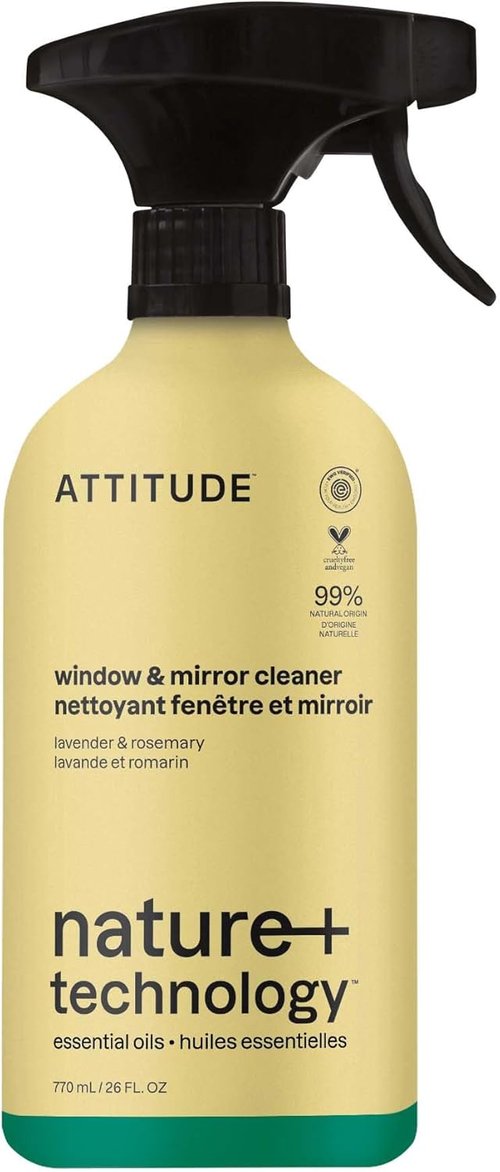 ATTITUDE Window & Mirror Cleaner Spray - Plant-Based, Streak-Free Formula, Lavender & Rosemary, 26 Fl Oz