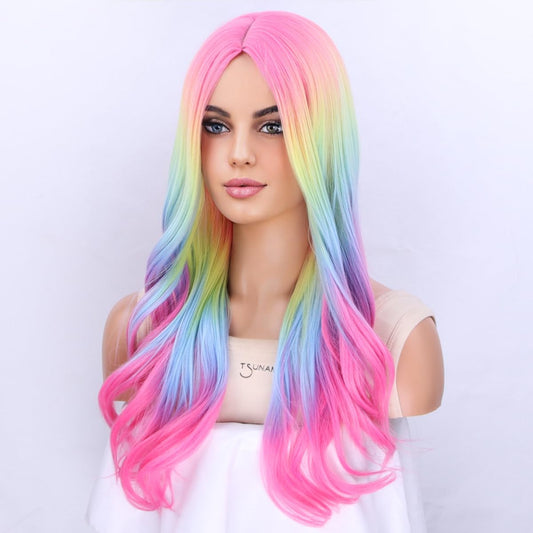MAGQOO Rainbow Wig for Women Colorful Multicolor Wig Long Curly Wavy Wig Synthetic Halloween Cosplay Party Wig(Ombre Rainbow)