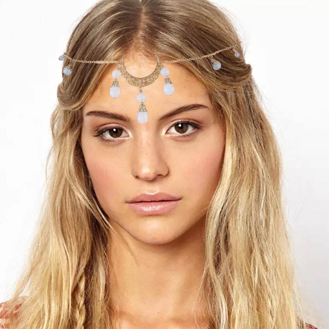 Aularso Boho Head Chain Crescent Moon Headbands Chain Vintage Crystal Forehead Chain Costume Head Jewelry for Women (Gold)