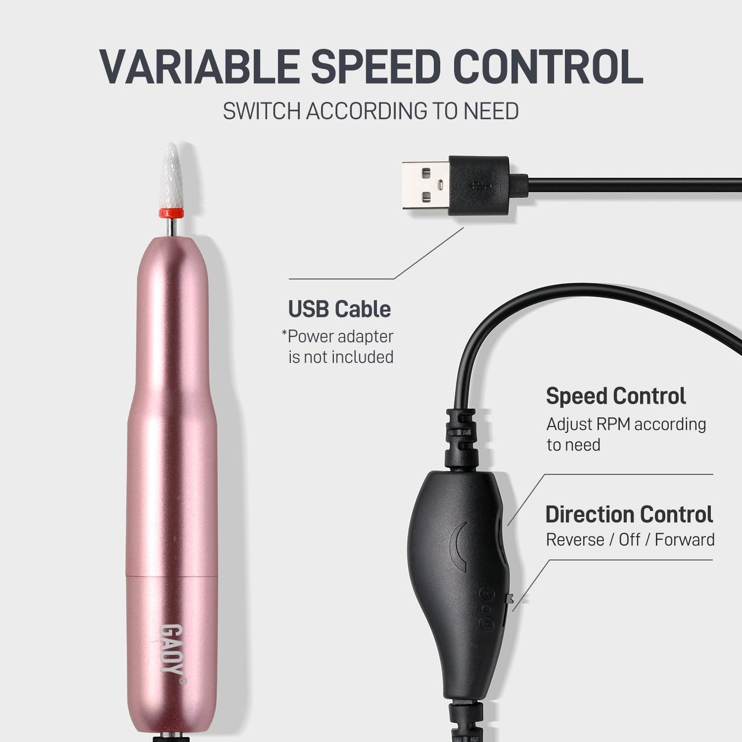 GAOY Electric Nail Drill for Acrylic and Gel, USB Electric Nail File, Portable Efile with Drill Bits, Manicure Pedicure Tools for Home Salon, Pink