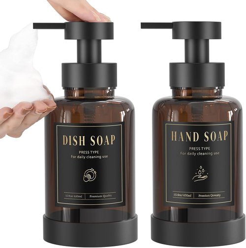 Luxspire Foaming Soap Dispenser - 15 Oz Glass Pump Bottle with 5 Waterproof Labels | Amber, 2 Pack for Kitchen & Bathroom