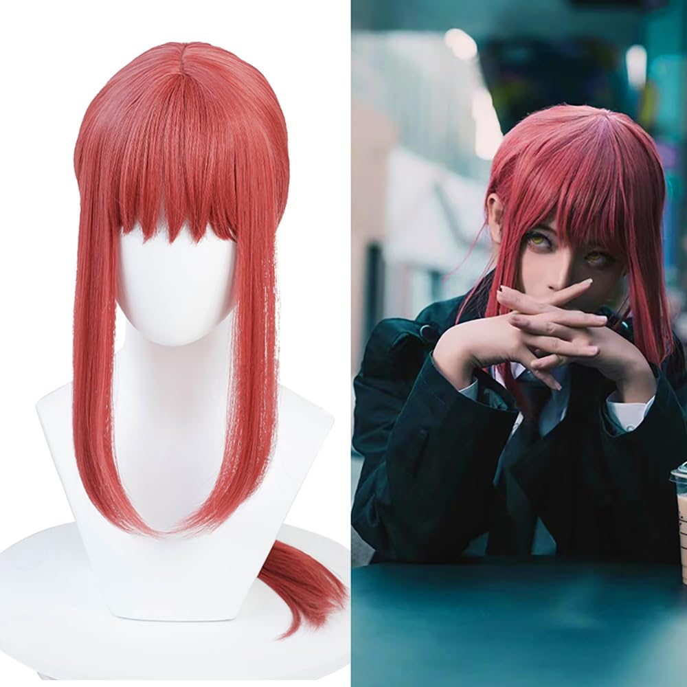 SEISAIDO Long Red Wig Anime Pink Cosplay Braids Wigs with Bangs for Csm Halloween Party Hair + Wig Cap