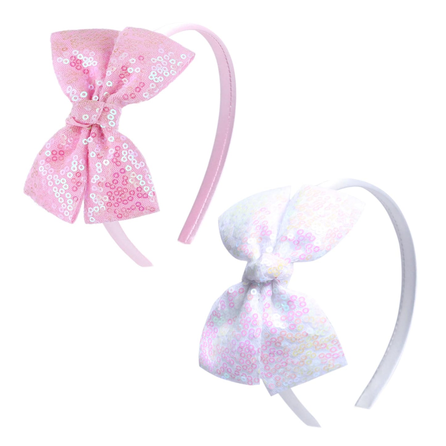 Kiszu Sparkly Sequin Hair Bow Headband for Girls, Kids, and Toddlers - Fashion Cute Boutique Style Hair Accessory - 2 Piece (White,Pink)