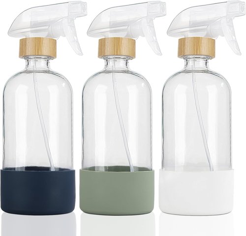 HOMBYS Bamboo Glass Spray Bottles - Refillable 17 oz Clear Containers with Silicone Sleeve Protection | 3 Pack for Cleaning & Essential Oils
