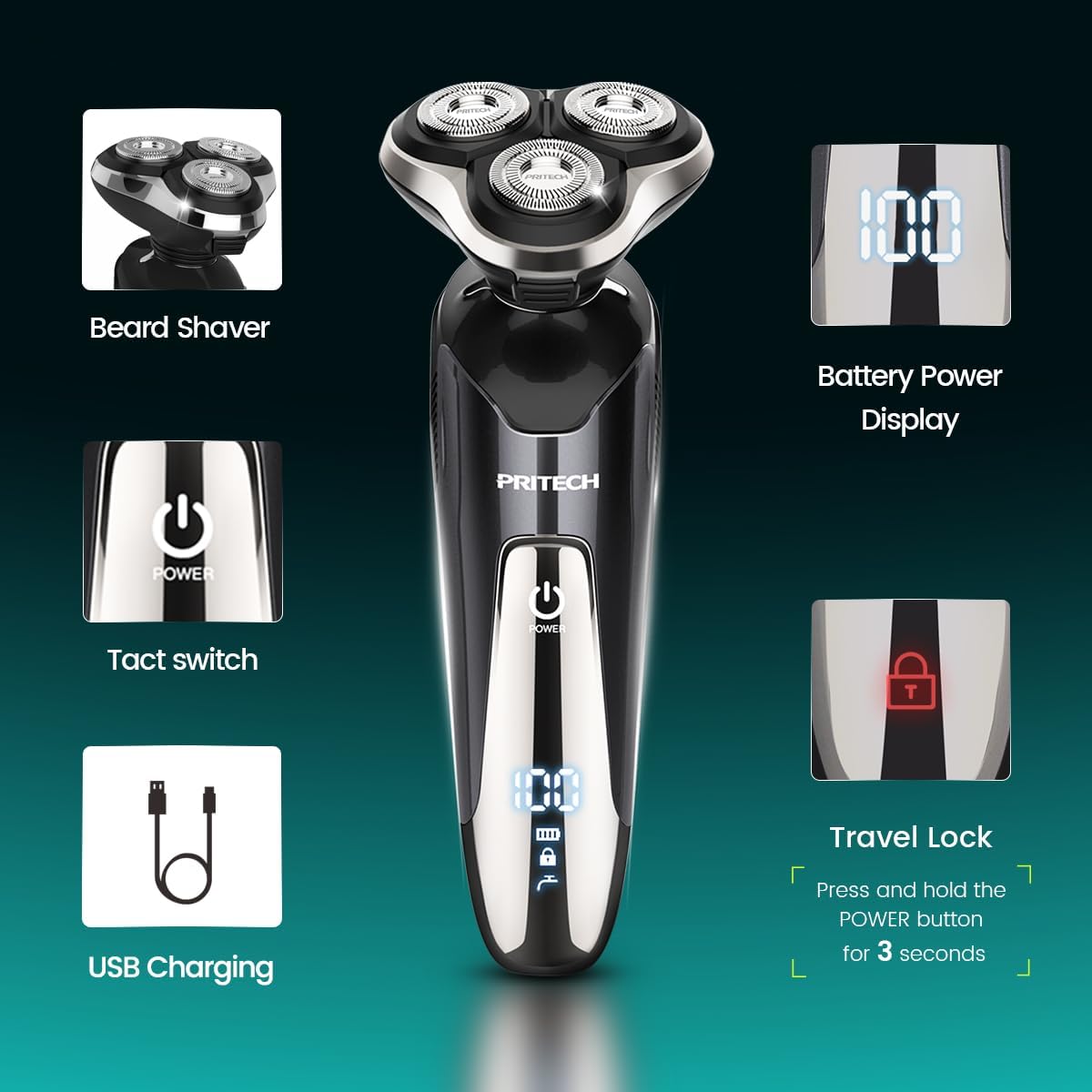 Skiennix Electric Razor for Men - Rechargeable Waterproof Cordless Shaver for Wet & Dry Use