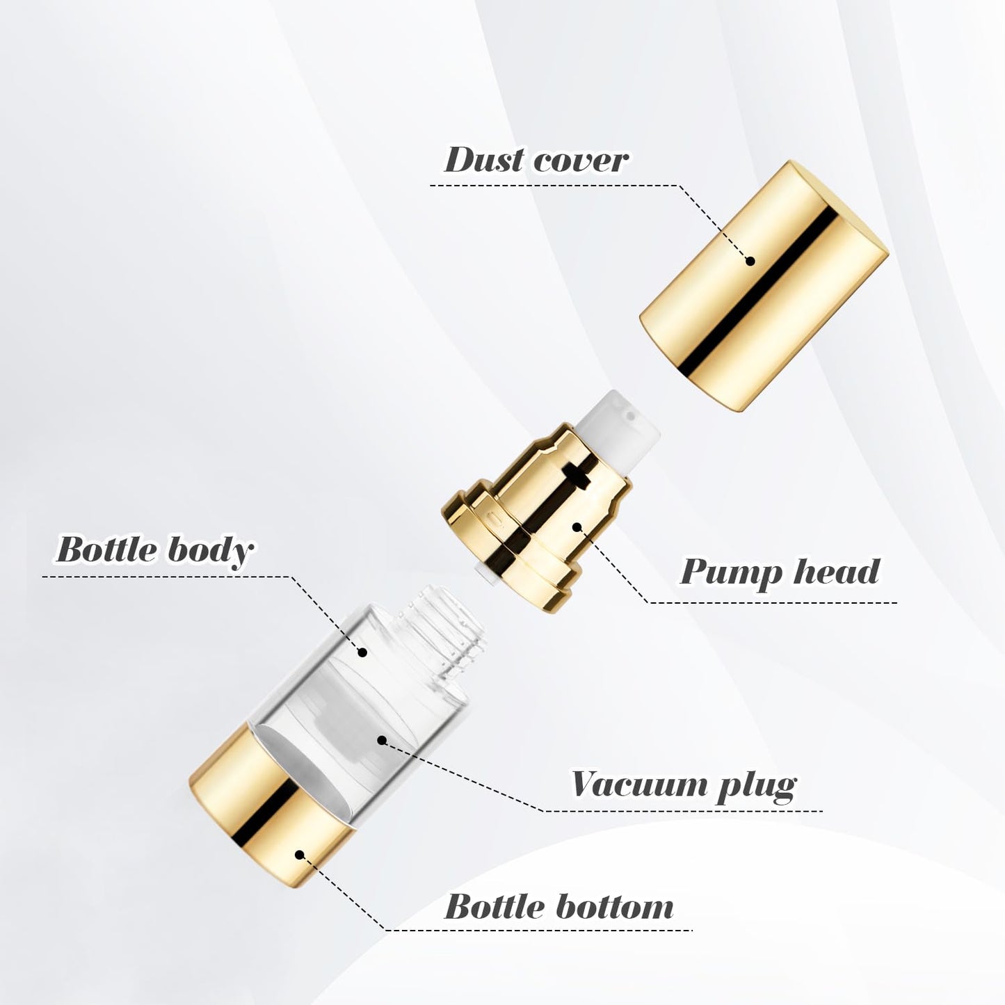 BOSMIOW 4Pcs 15ml/0.5oz Clear Plastic Airless Pump Bottles with Gold Head Empty Refillable Vacuum Bottles Travel Size Cosmetics Sample Storage Jars for Lotion,Shampoo,Hand Soap,Face Cream