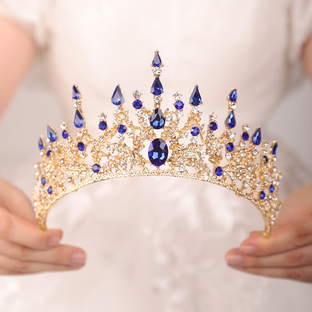 JWICOS Baroque Queen Crown for Women Rhinestone Wedding Crown Blue Tiara Costume Party Hair Accessories for Birthday Prom Pageant Party (Blue)