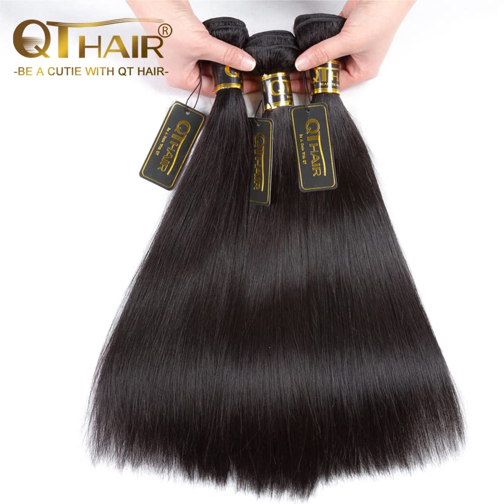 QTHAIR 14A Straight Human Hair(16" 16" 16",300g) Natural Color 100% Unprocessed Human Hair Extensions Indian Virgin Human Hair Weaves Indian Straight Hair