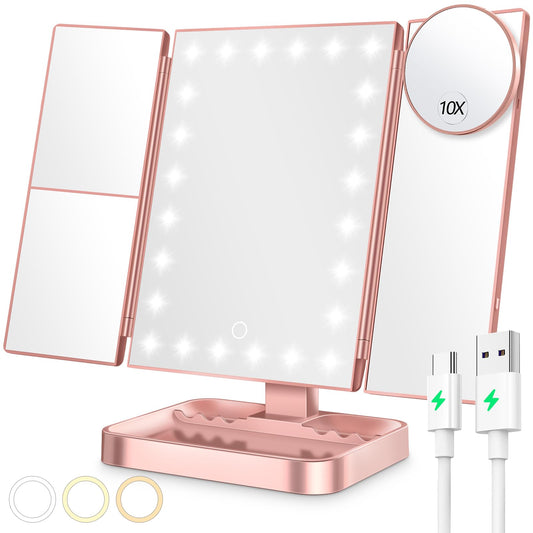 NIKKOMON Wireless Rechargeable Lighted Makeup Mirror with 3 Color Lighting, 2000mAh Rechargeable Battery, 10x 3X 2X Magnification Mirror, 24LMirror, 360 Degree Rotation, Gift for Woman (Rose Gold)