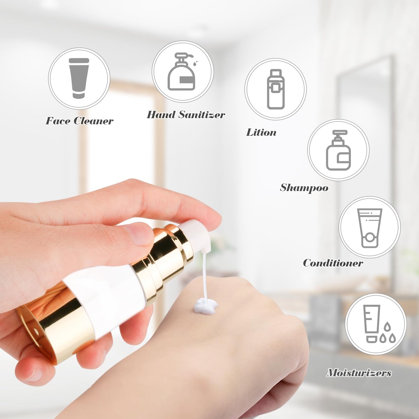 BOSMIOW 4Pcs 15ml/0.5oz Clear Plastic Airless Pump Bottles with Gold Head Empty Refillable Vacuum Bottles Travel Size Cosmetics Sample Storage Jars for Lotion,Shampoo,Hand Soap,Face Cream