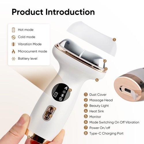 Microcurrent Facial Device with Red Light Therapy - 7-in-1 LED Sculptor & Cold Heated Gua Sha for Face Neck Eye Firming, Depuffing & Double Chin Reduction