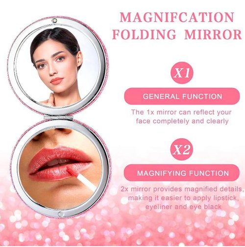 mpowtech Cute Pink Compact Mirror for Women,Small Magnifying Travel Mirror with Glitter,Portable 2 x 1x Magnification Folding Pocket Makeup Mirror Cosmetic Mirror for Gift Travel Essentials