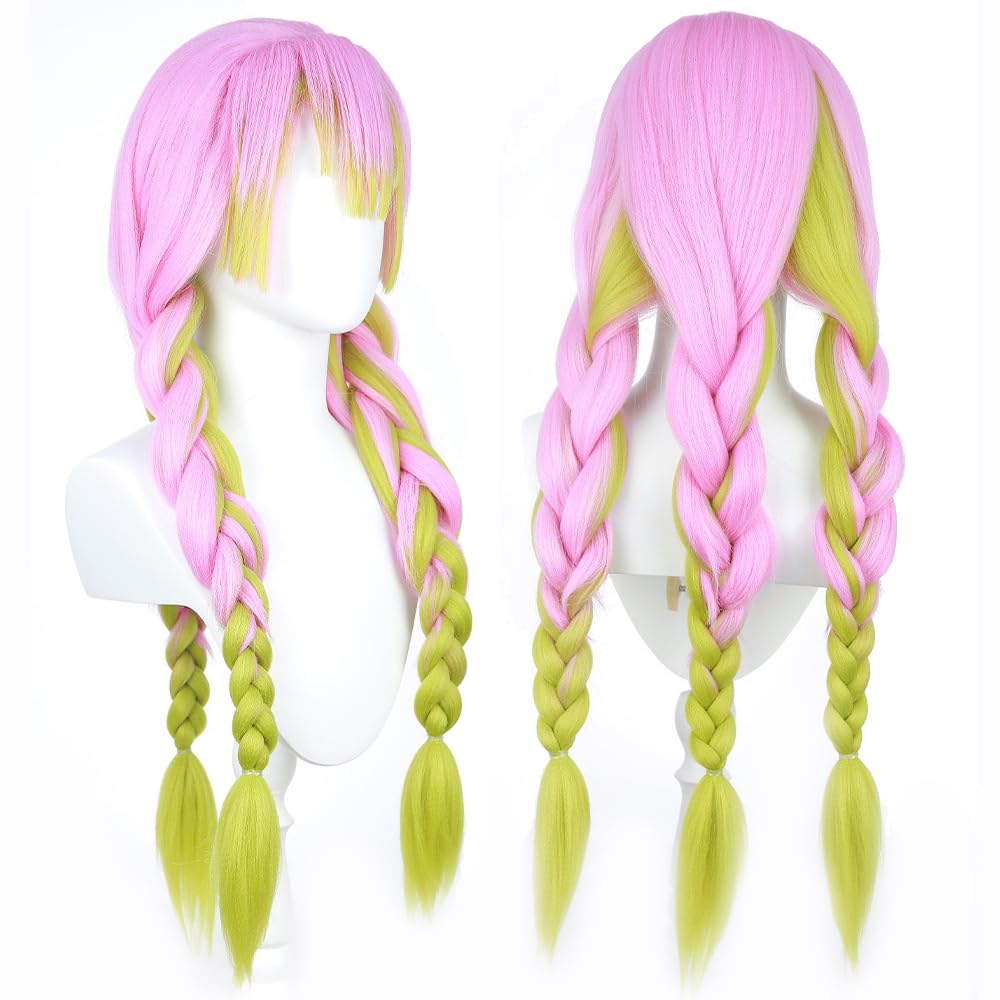 SEISAIDO Kanroji Mitsuri Wig DS Green and Pink Ombre 3 Pre-BraiDemon Slayer Characters Play Anime Cosplay Wigs Halloween Costume Party Christmas Gift Heat Resistant 80cm + wig cap