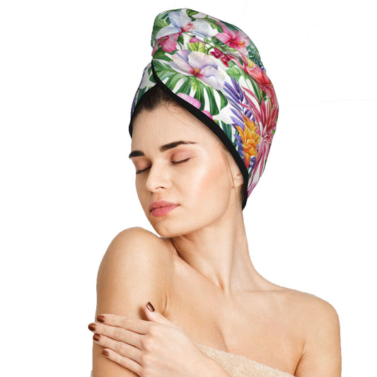 famliihw Tropical Flowers Hair Towel Wrap Microfiber Fast Drying Hair Turban with Buttons for Women Drying Curly, Long & Thick Hair