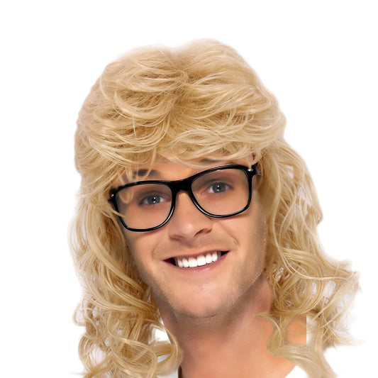 MEDISIFA Blonde Mullet 70s Wig with Bangs Disco Party Mens Wig Long Curly Men Wigs for Man Male Hippie Rocking 80s Them Party Cosplay Costume Anime Heat Resistant Synthetic Hair Wig 70's Wig