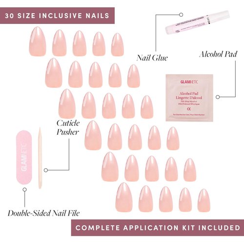 Glamnetic Press On Nails - Los Angeles | Solid Opaque Blush Nude Pink Short Almond Fake Nails in Glazed Finish, Salon Quality | 15 Sizes - 30 Nail Kit with Glue