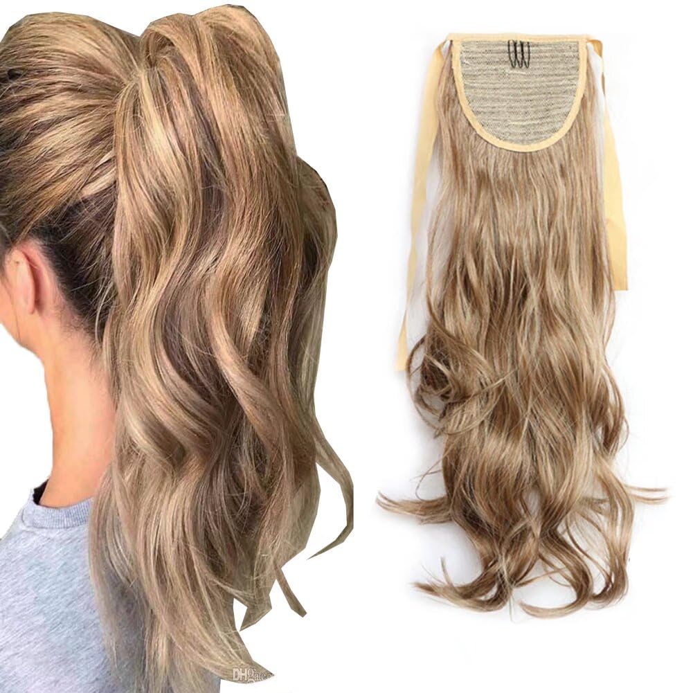 iLUU 20" Long Synthetic Ribbon Ponytail Clip Heat Resistant 90g Curly Wavy Hairpiece Ponytail #10/613 Brown and Bleach Blonde Piano Color Clip in Hair Extensions