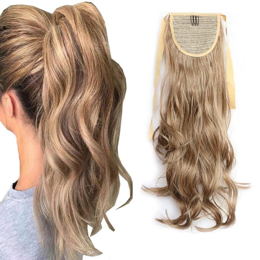 iLUU 20" Long Synthetic Ribbon Ponytail Clip Heat Resistant 90g Curly Wavy Hairpiece Ponytail #10/613 Brown and Bleach Blonde Piano Color Clip in Hair Extensions