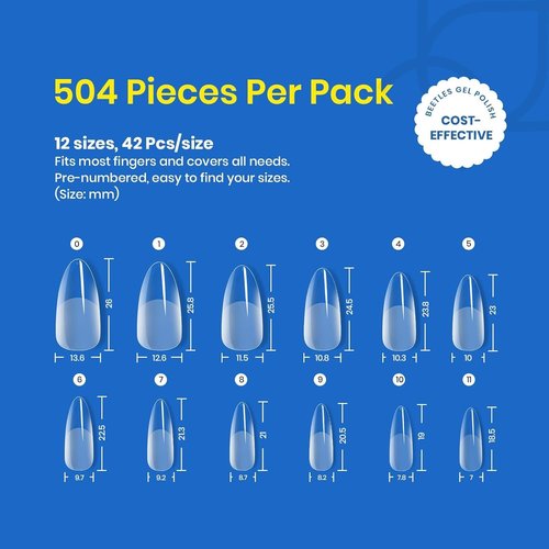 Beetles 12 Sizes Gel Nail Tips 504Pcs Pre Filed Half Matte Medium Almond Full Cover Etch Nail Tips False Fake Clear Acrylic Press on Nails for DIY Nail Extension and Salon Use