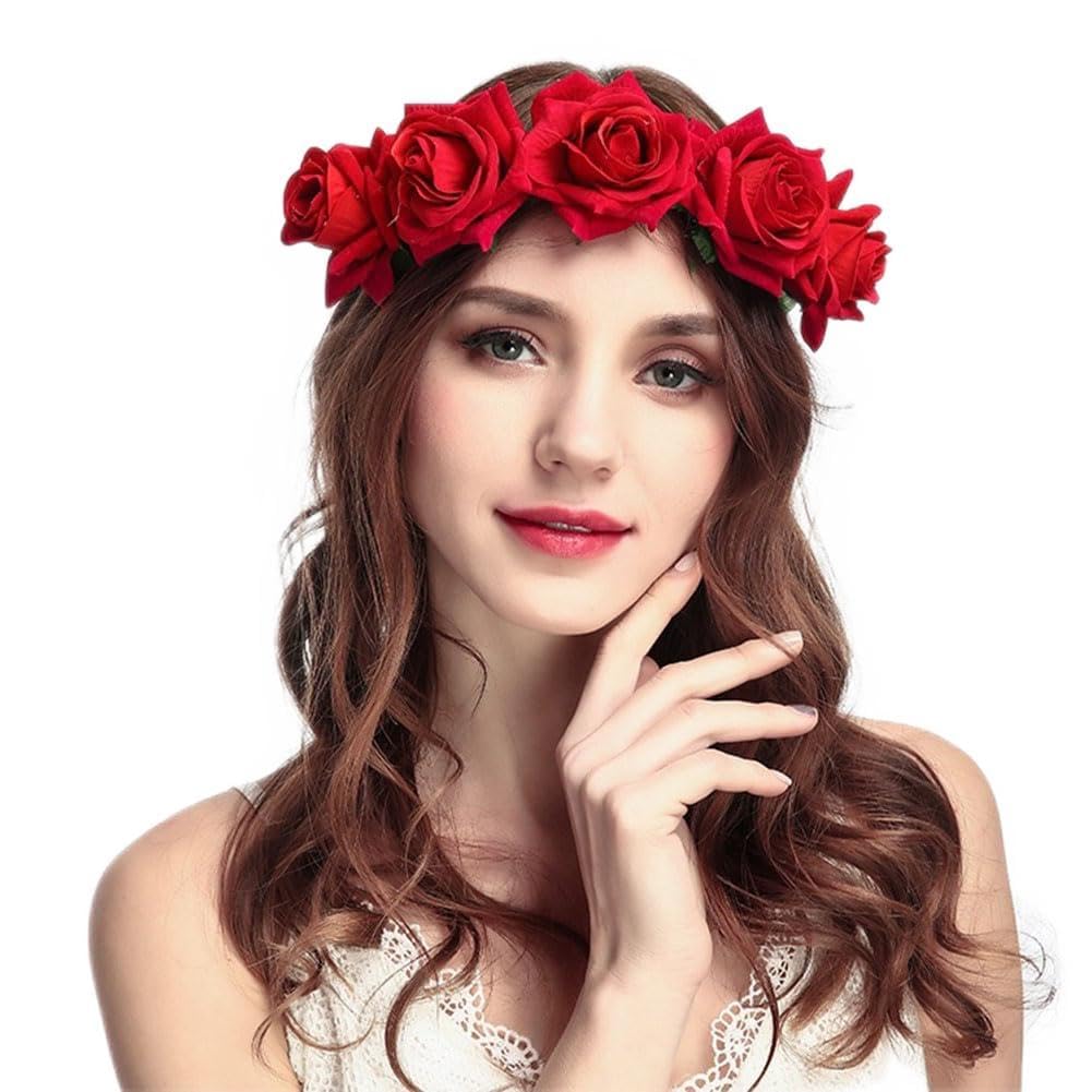 Flower Crown Headband Halloween Gothic Red Rose Floral Hair Wreath Tiara Queen Bridal Headpieces Hair Hoop for Women Girls