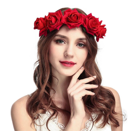 Flower Crown Headband Halloween Gothic Red Rose Floral Hair Wreath Tiara Queen Bridal Headpieces Hair Hoop for Women Girls