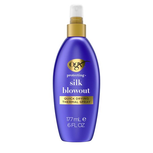 OGX Protecting + Silk Blowout Quick Drying Thermal Protection Spray, Heat Protectant Spray Shields Hair up to 450°F For Soft, Shiny Hair and Big, Beautiful Blowouts, Light Hold, 6 fl. oz