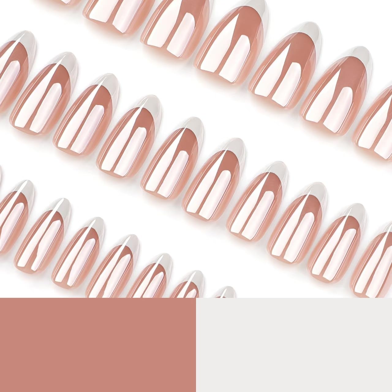 Chrome Press on Nails Medium Almond Fake Nails White French Tip Fake Nails Nude Glue on Nails Glossy False Nails Reusable Artificial Acrylic Nail Full Cover Stick on Nails for Women Manicure 24Pcs