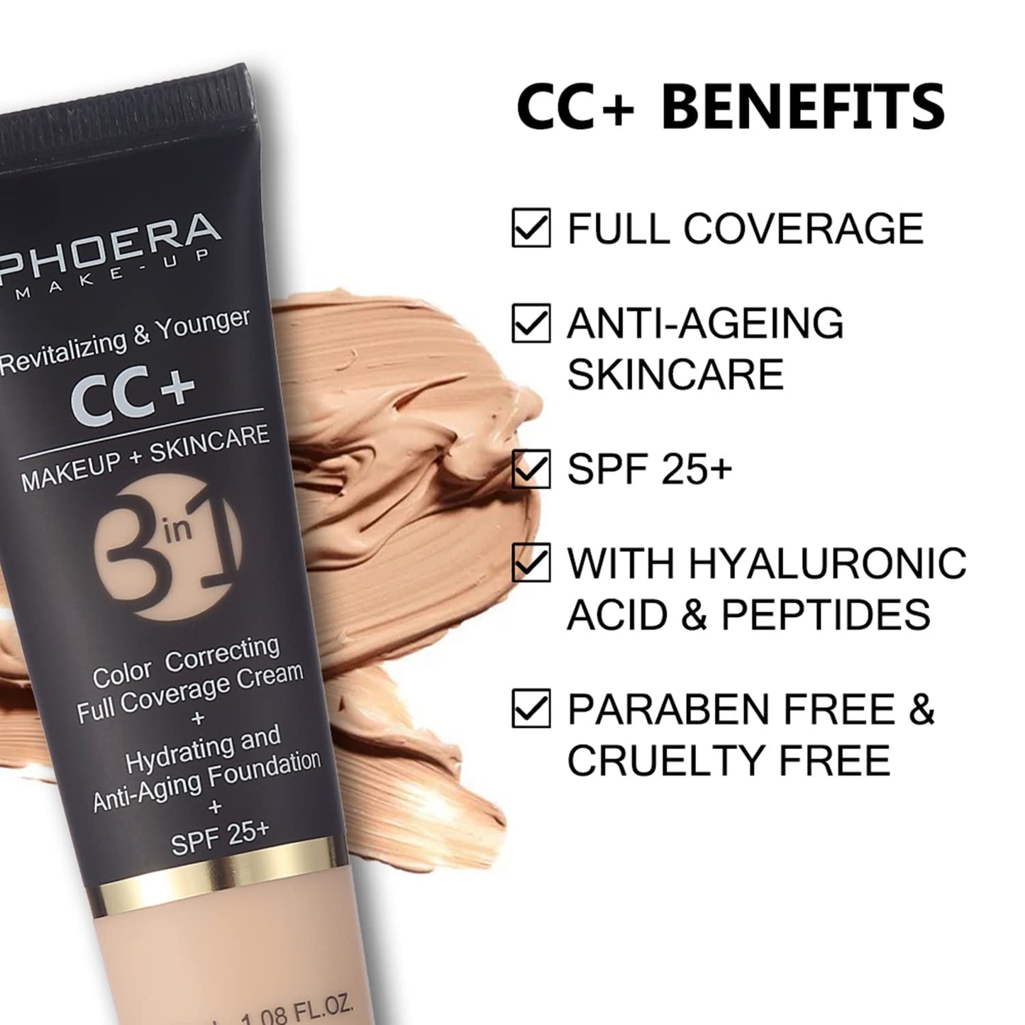 PHOERA CC+ Cream,Full Coverage Foundation，Color Correcting Cream,Anti Aging Hydrating Serum & SPF 25+ Sunscreen - Natural Finish - 1.08 fl oz (160 Sand)