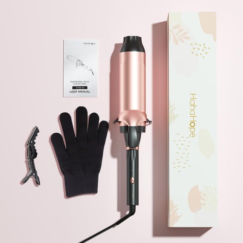 Hahahope Professional Two Inch Curling Iron with Clamp - Large Barrel Curling Wand for Long Hair, Dual Voltage, Adjustable Heat Settings, Lightweight Design Rose Gold