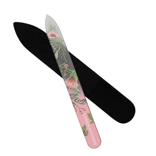 LONDONTOWN Double-Sided Glass Nail File - Professional Etched Crystal Manicure Tool with Case Pouch