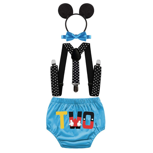 HIHCBF Baby Boys 2nd Birthday Party Outfits Cake Smash Photo Shoot Costume Cartoon Blue Bloomers Suspenders Bow Tie Headband