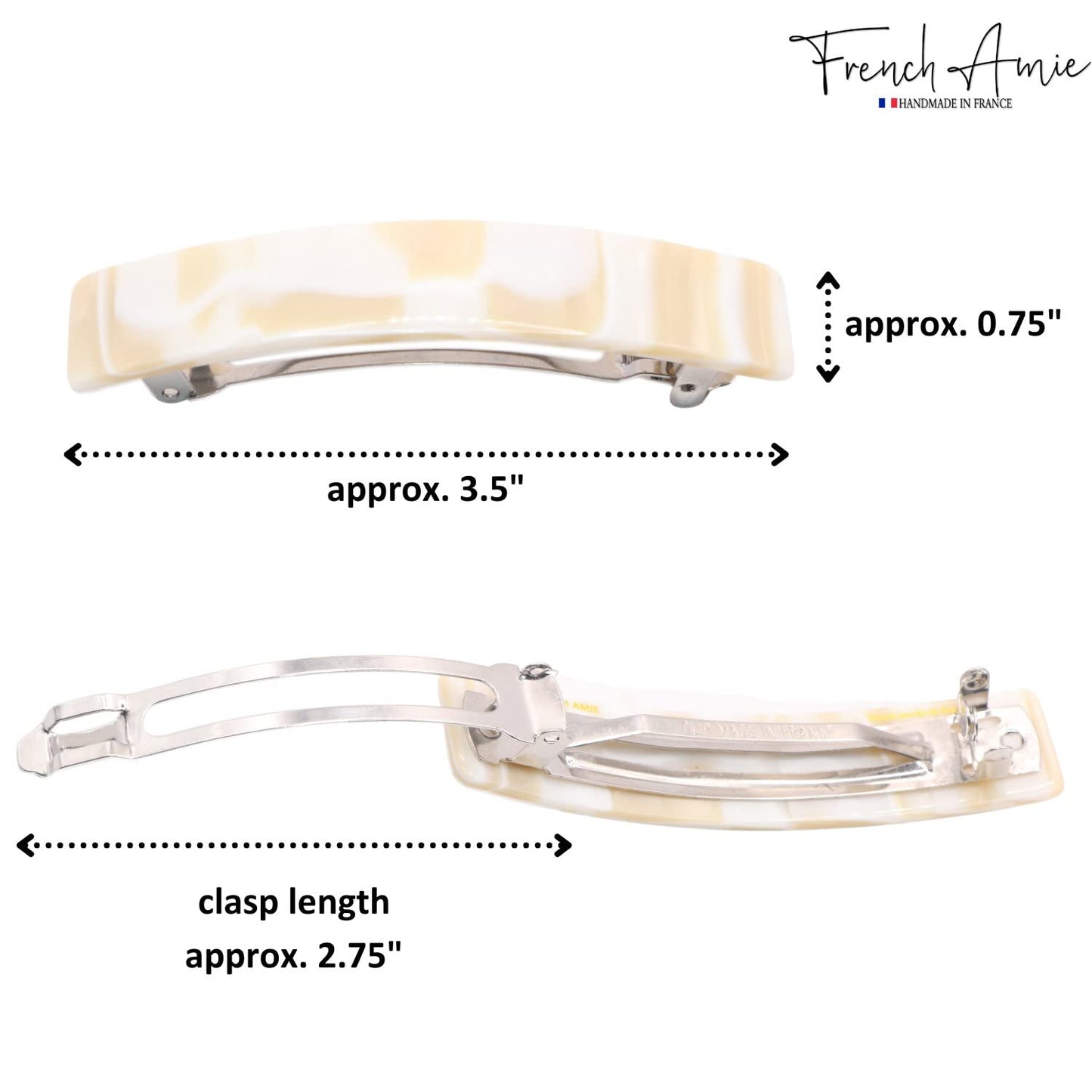 French Amie Oblong Handmade 3.5" Celluloid Automatic Hair Clip Barrette Hair Clip for Girls Strong Hold Hair Clips for Women No Slip Durable Paris Hair Accessories, Made in France (Cream Nouget)