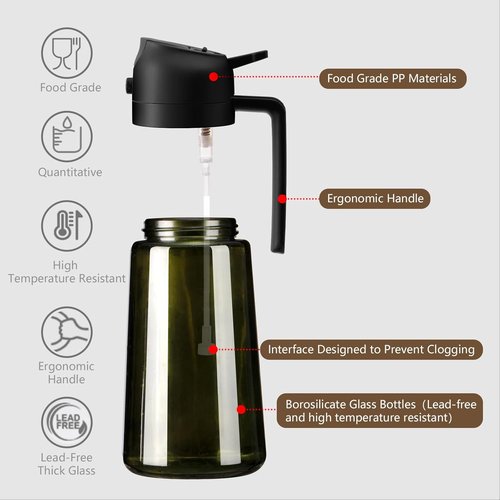 Olive Oil Dispenser and Oil Sprayer – 16oz/470ml Glass Light-Proof Oil Pourer for Kitchen, Air Fryer, Cooking, Salad, and BBQ