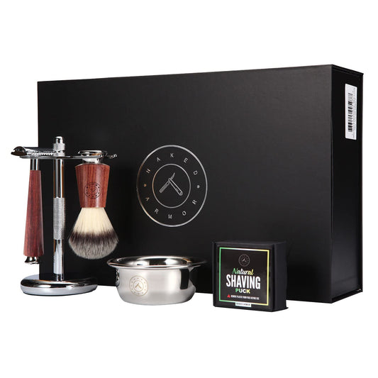 Complete Safety Razor Kit - Includes Mahogany Wood Safety Razor, Closed Comb Double Edge Razor, Safety Razor Stand, Mahogany Shaving Brush, Organic Soap, Shaving Bowl, Shaving Kit For Men, Great Gift