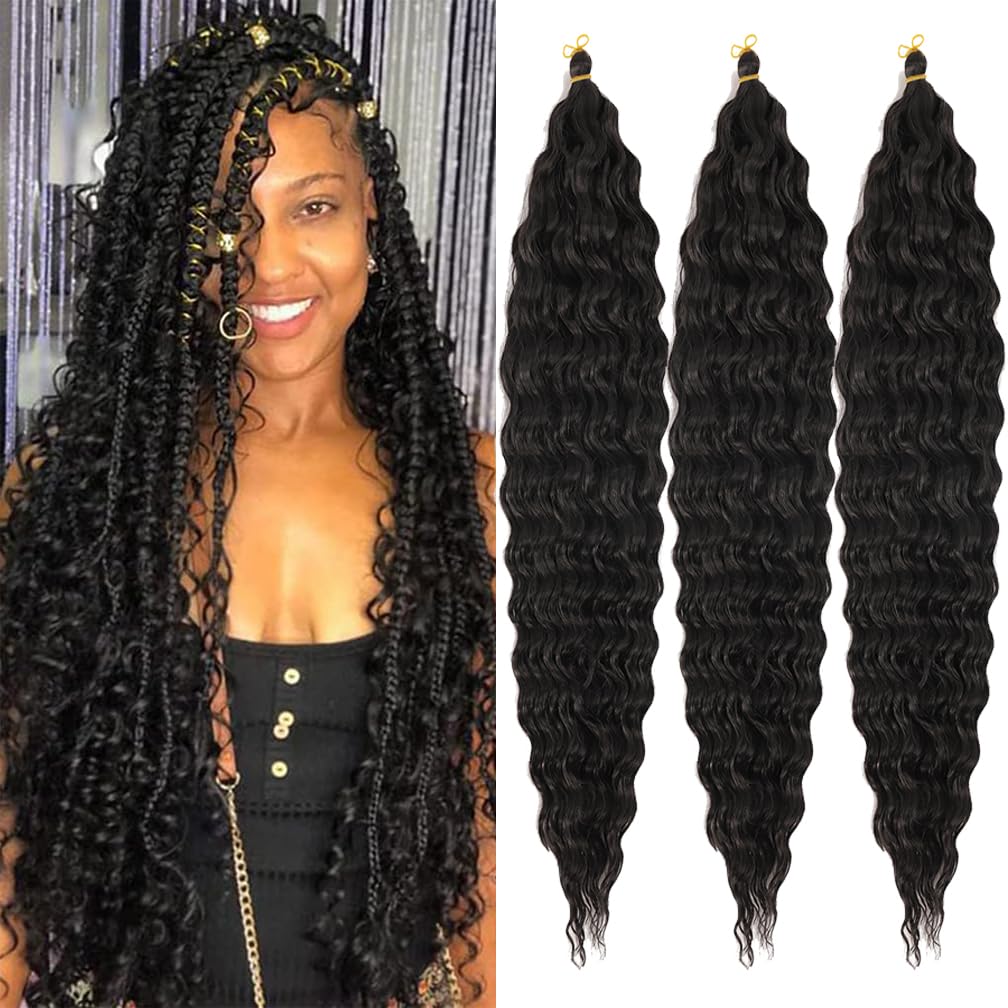 BALINGHAIR Ocean Wave Crochet Hair 24 Inch Deep Wave Braiding Hair Black Long Curly Crochet Braid Hair Extensions(1B-3Pcs)