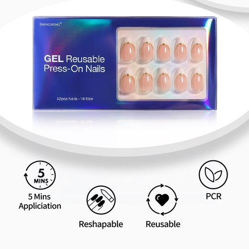 SHANGMENG White French Tip Press on Nails with Gold Line Design - Soft Gel Almond Press on Nails Short for Women, Glossy Glue on Nails with Glue in 16 Sizes - 32 Reusable Fake Nails, Gold Ribbon