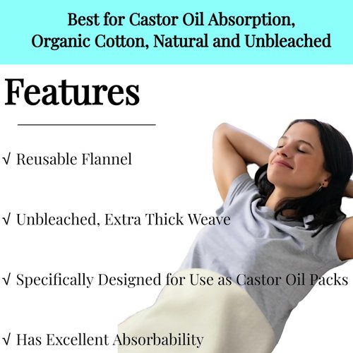 2 Pcs Organic Cotton Flannel for Castor Oil Pack Wrap, Reusable Castor Oil Compress for Stomach, Abdomen, Joints & Other Areas