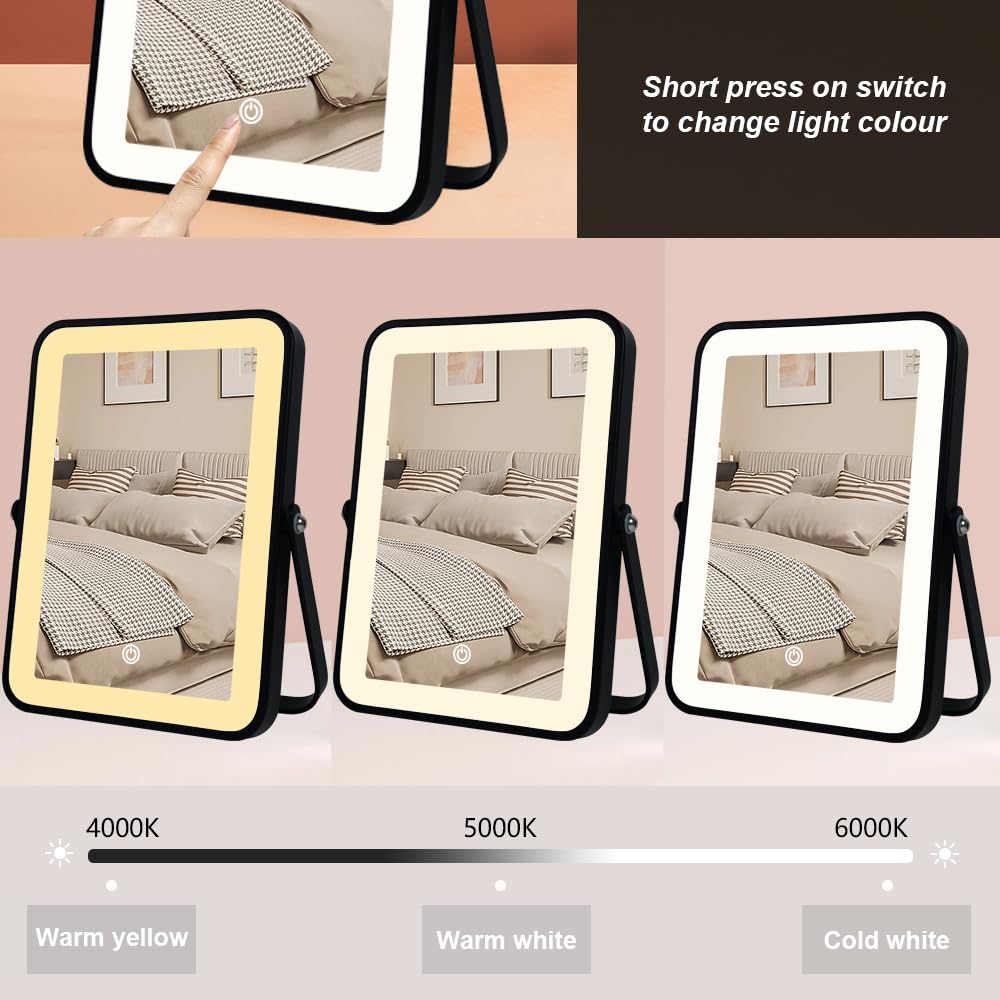 YEKKOPT Rechargeable Makeup Vanity Mirror with Lights, Small Desk Makeup Mirror with Lights, 3 Lighting Modes, Dimmable Touch Screen, Tabletop Light up Mirror